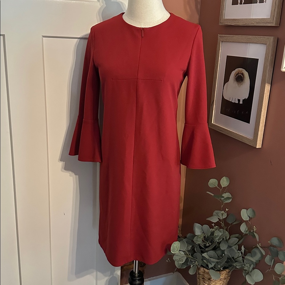 Tibi Brick Red Bell Sleeve Mini 0 Lined Dual Zippers Shift Polyester Blend Dress View 3